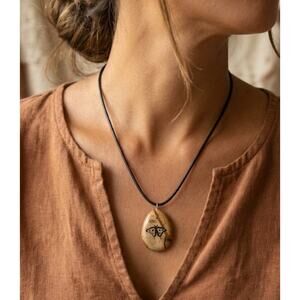 Boho Necklace Stone w/ Moth Natural Polished Design‎ Stone Pendant Jewelry